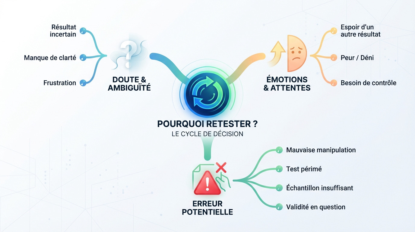 Schéma expliquant le cycle de décision psychologique qui pousse à refaire un test
