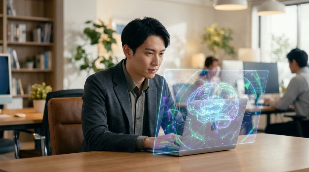 Un homme en costume travaille sur un ordinateur portable affichant une interface holographique de cerveau humain en 3D.
