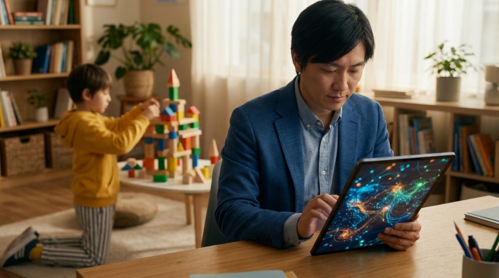 Un père travaillant sur une tablette numérique montrant des connexions neuronales tandis qu'un enfant joue à côté.