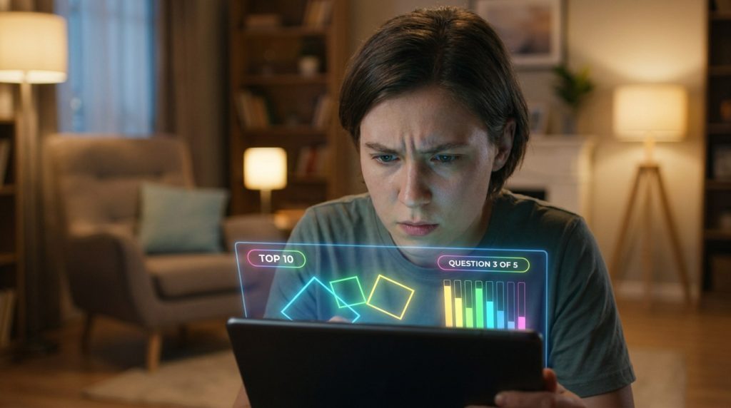Une personne concentrée utilise une tablette avec une interface holographique futuriste affichant un quiz.
