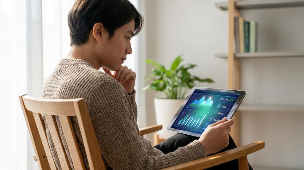 Un jeune homme assis dans un fauteuil consulte des statistiques de test de QI sur une tablette numérique.
