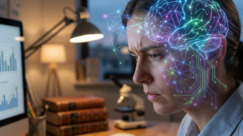 Une femme concentrée devant un écran avec une illustration numérique de cerveau en réseau superposée sur sa tête.