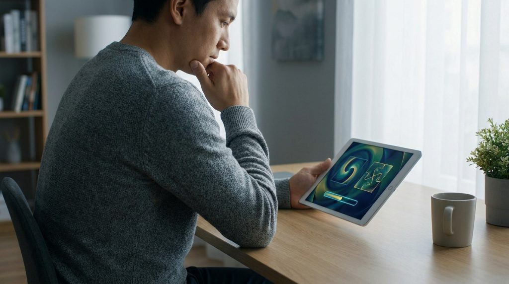 Un homme concentré passe un test de QI numérique sur sa tablette dans un bureau lumineux.