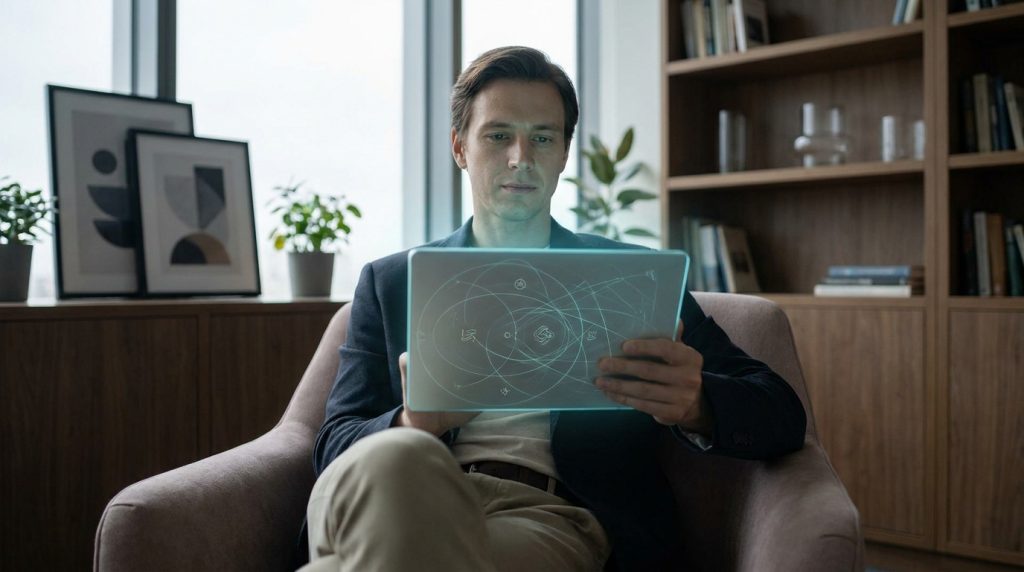 Un homme concentré consulte des graphiques abstraits sur une tablette numérique futuriste dans un bureau élégant.