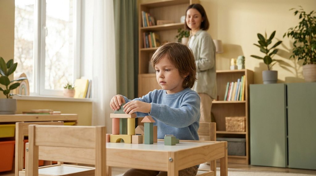 Un jeune enfant joue avec des blocs en bois colorés sur une petite table en bois pendant qu'une adulte sourit derrière lui.