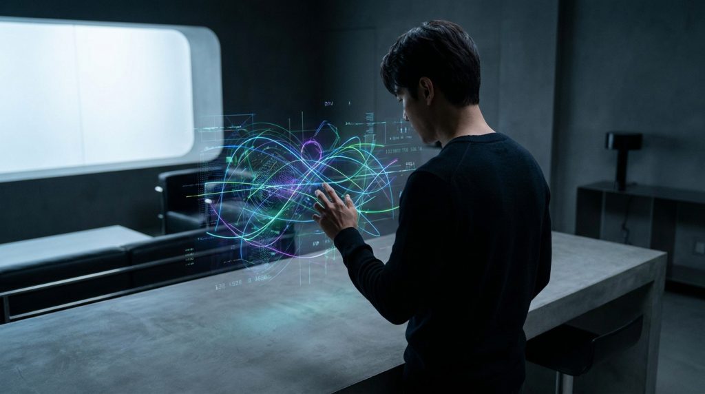 Un homme interagit avec une interface numérique holographique complexe dans un bureau moderne et minimaliste.