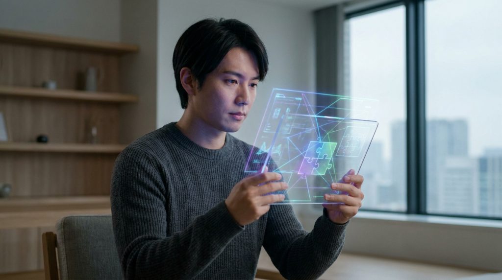 Jeune homme utilisant une interface holographique futuriste représentant un puzzle logique devant une fenêtre.