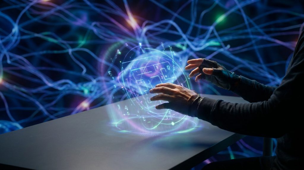 Une personne manipulant une interface holographique de chiffres et de formes géométriques complexes.