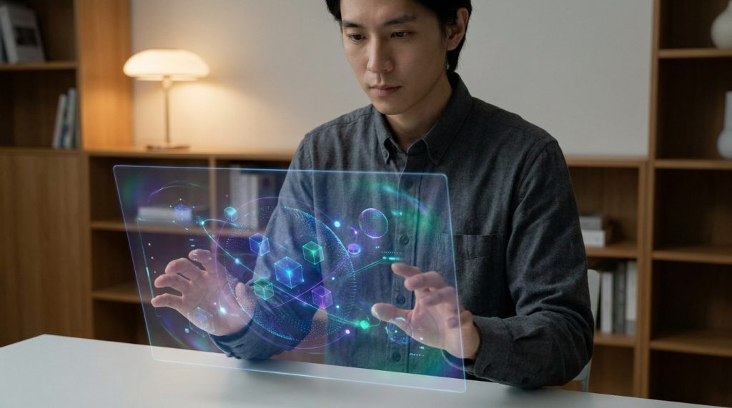 Homme interagissant avec une interface numérique holographique futuriste représentant des cubes et des formes géométriques.