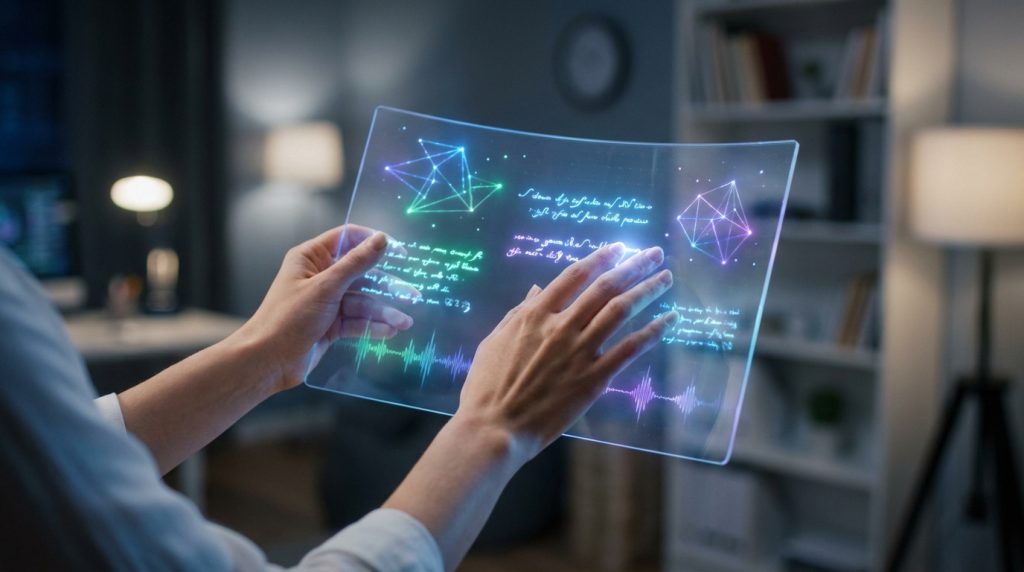 Mains tenant une tablette transparente futuriste avec des graphiques lumineux, des formes géométriques et des textes.