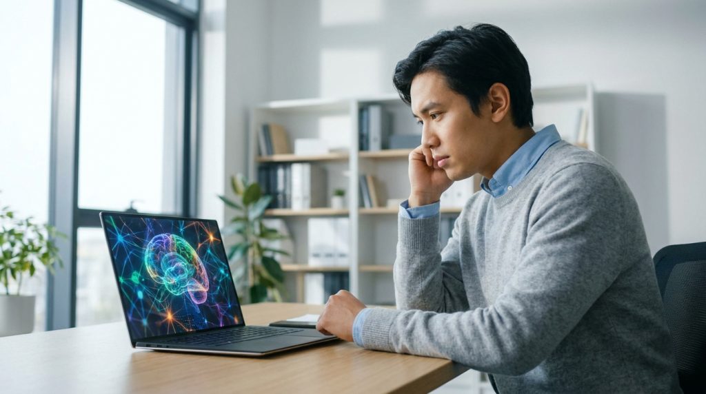 Un homme concentré devant un ordinateur portable affichant une représentation numérique colorée d'un cerveau humain.