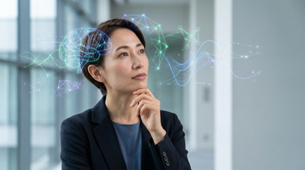 Une femme réfléchie avec des graphiques numériques représentant un cerveau et des connexions neuronales autour d'elle.