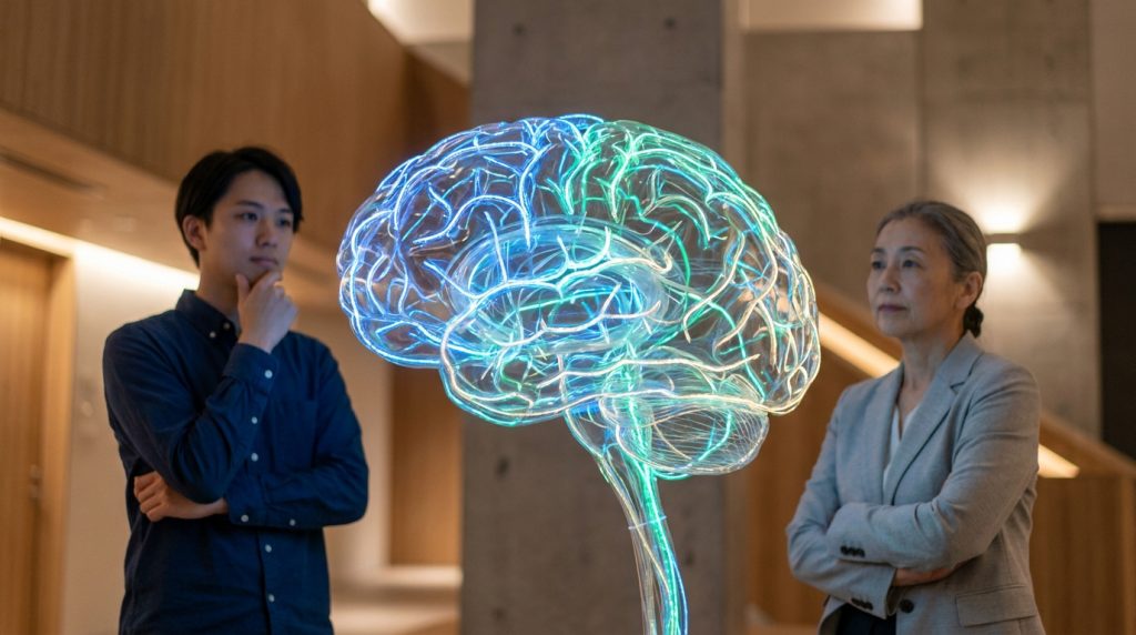 Un jeune homme et une femme mature observant une sculpture lumineuse de cerveau dans un espace intérieur moderne.