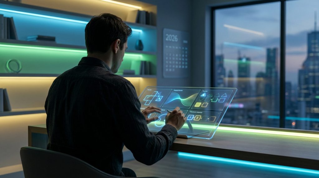 Un homme travaillant sur une interface numérique holographique pour un test psychotechnique.
