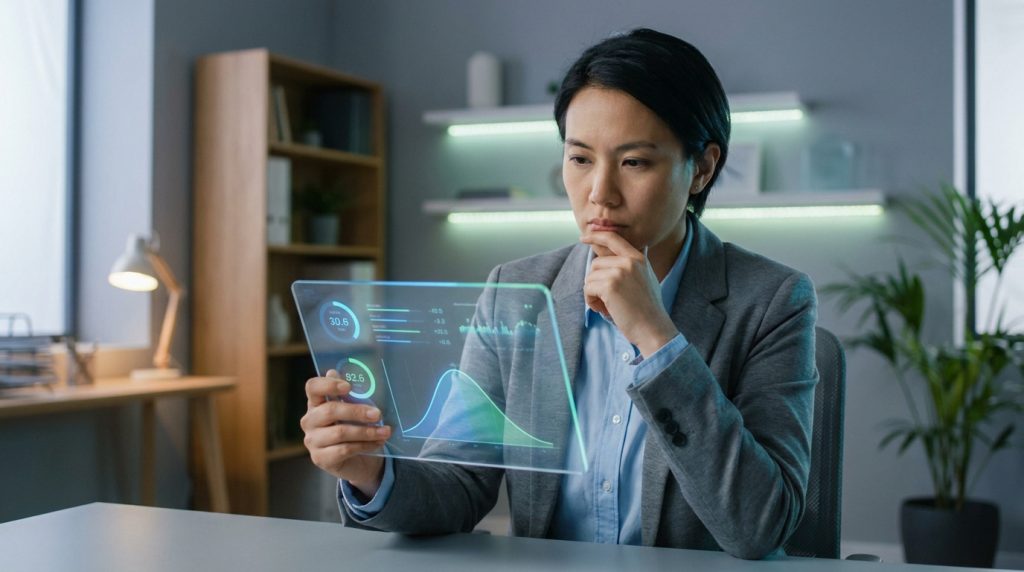 Une femme d'affaires examine une courbe en cloche de statistiques sur un écran numérique transparent.