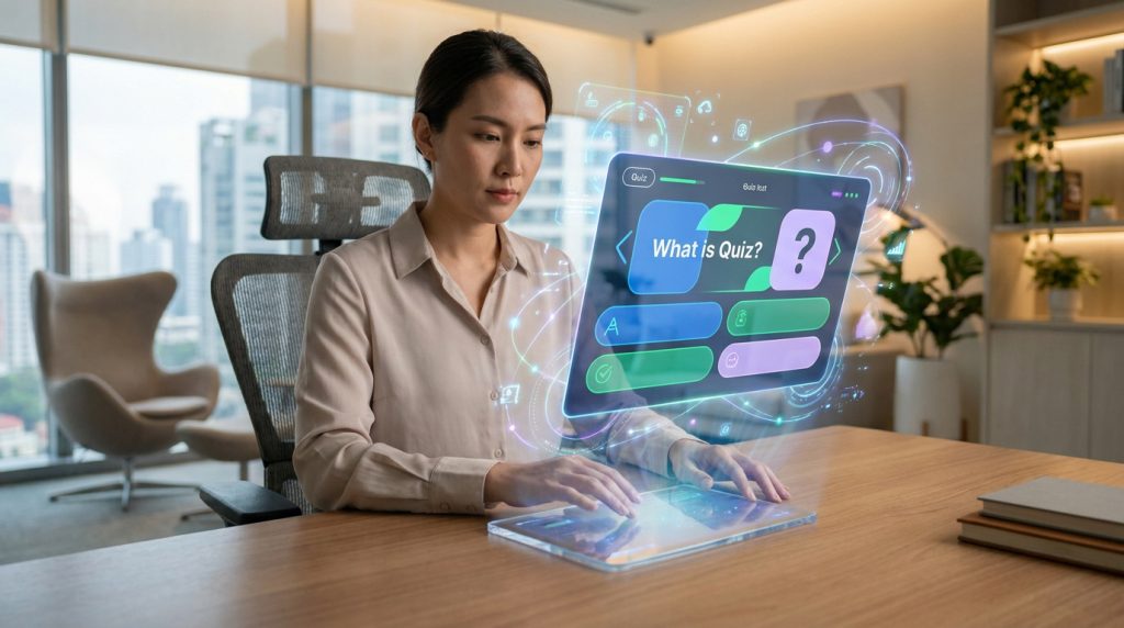 Femme travaillant sur une interface holographique futuriste de quiz interactif dans un bureau moderne.