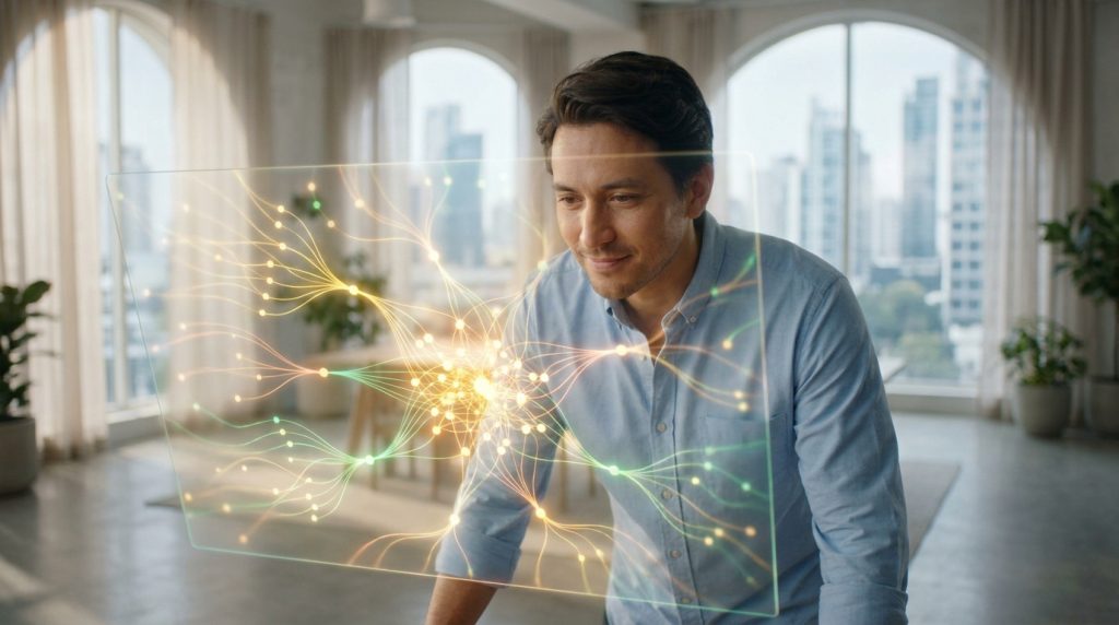 Un homme souriant interagissant avec un graphique holographique complexe de connexions neuronales dans un bureau moderne.