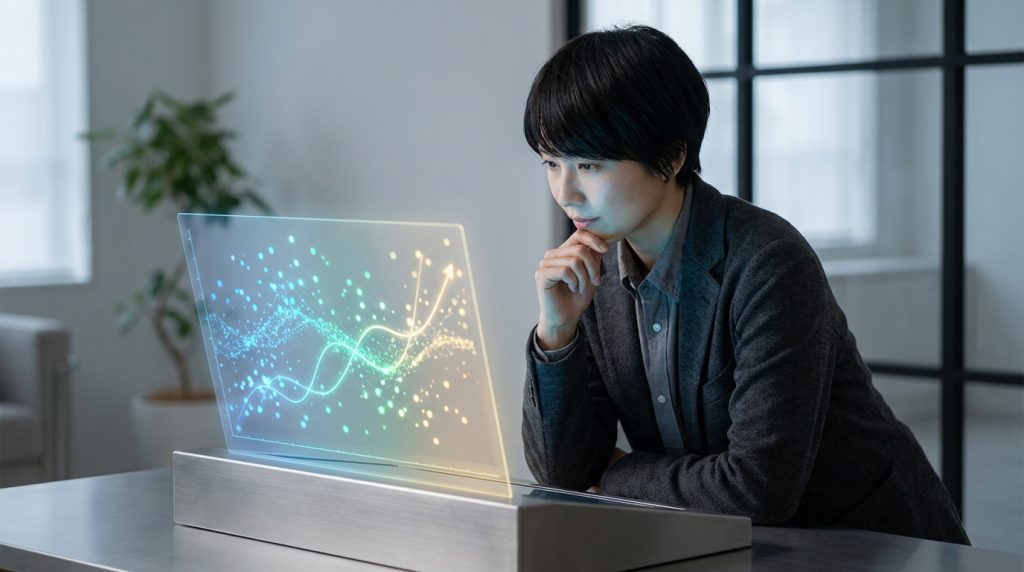 Une professionnelle observe attentivement un écran holographique affichant des données complexes et des graphiques.