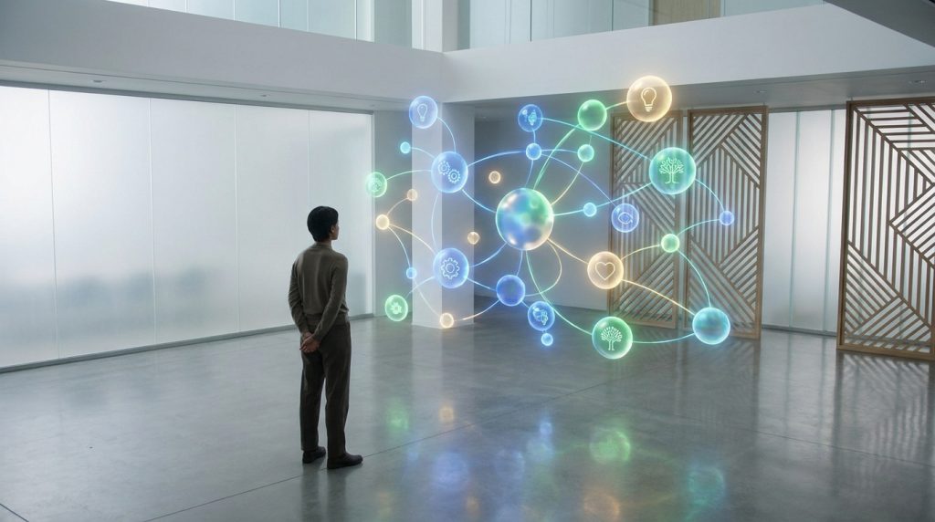 Un homme observe une interface numérique holographique représentant un réseau de données complexe dans un bureau moderne.