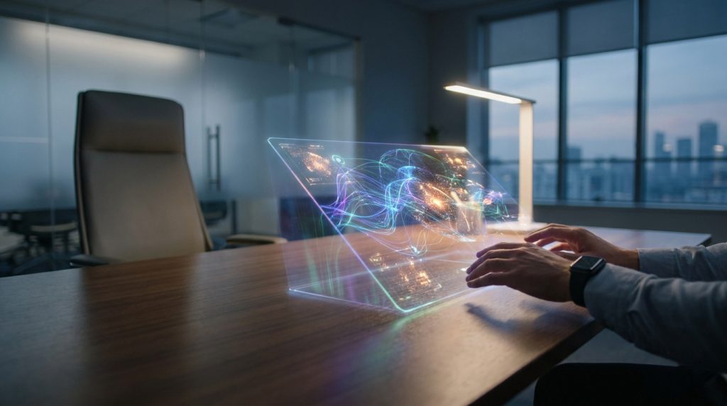 Mains travaillant sur un écran holographique futuriste affichant des données lumineuses dans un bureau moderne.