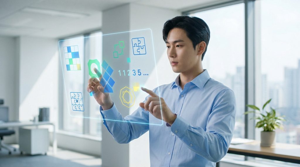 Un jeune homme interagit avec une interface holographique affichant des tests psychotechniques et des puzzles.