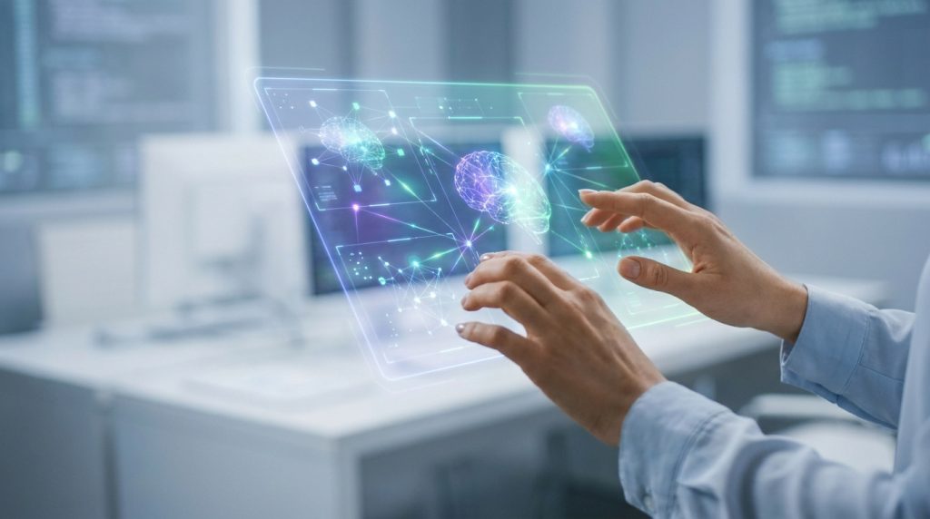 Mains manipulant une interface holographique futuriste représentant des connexions neuronales et un cerveau numérique.