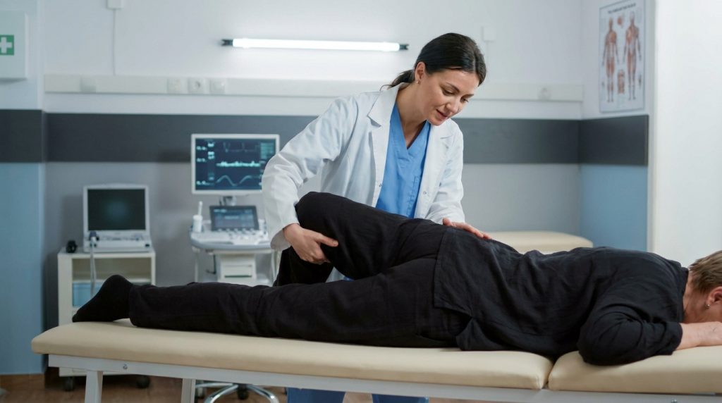 Une médecin effectue le test de Léri sur une patiente allongée sur le ventre pour diagnostiquer une cruralgie.