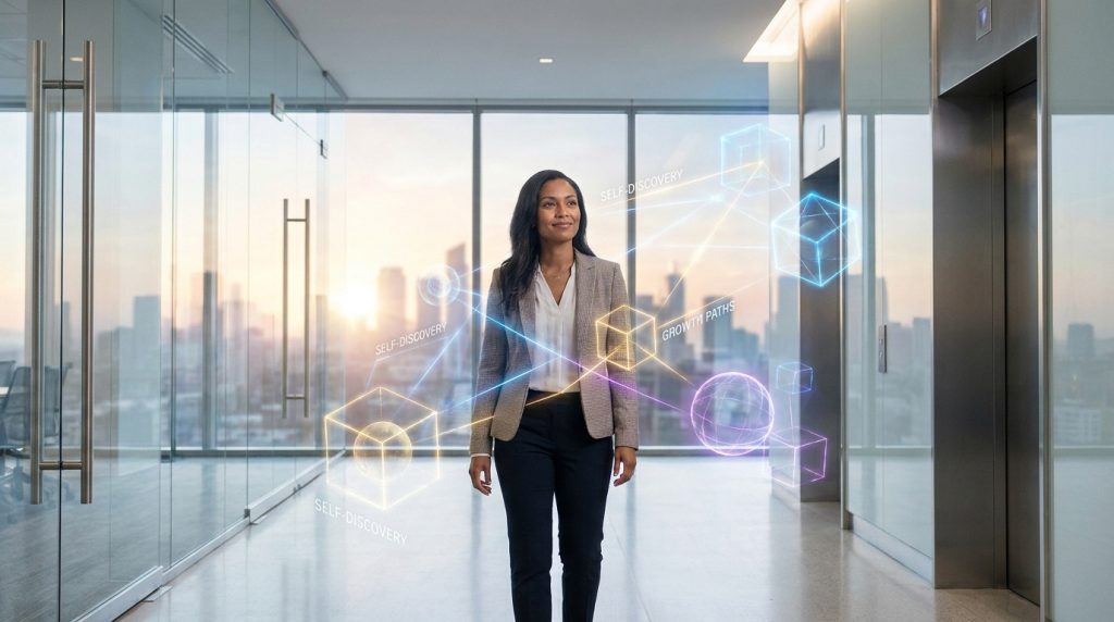 Une femme d'affaires dans un bureau moderne entourée d'icônes holographiques de découverte de soi.