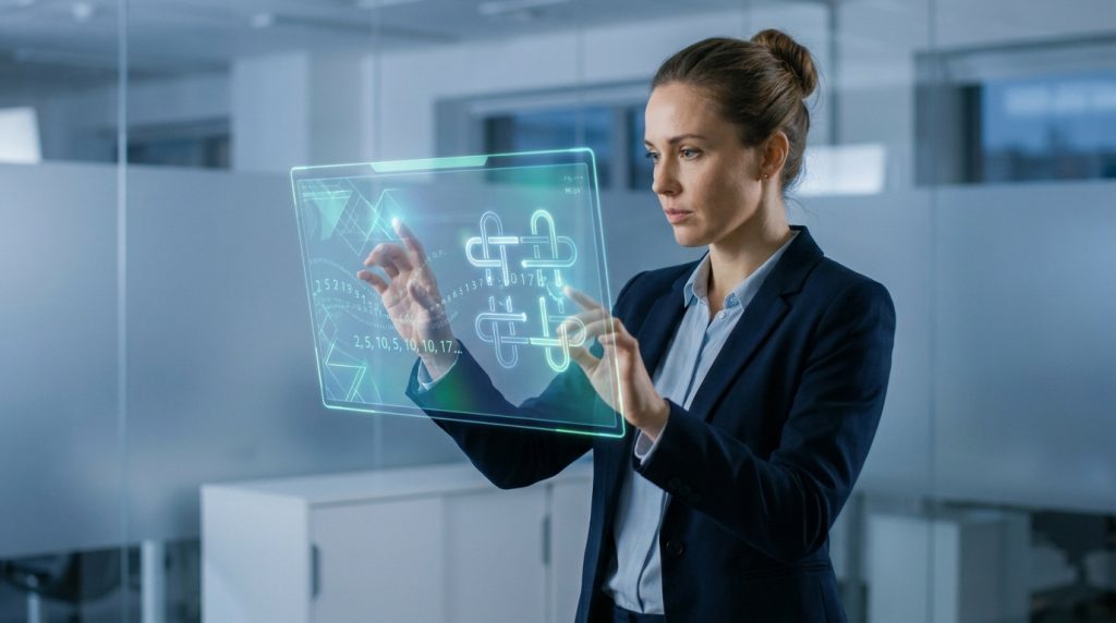 Une femme d'affaires interagit avec une interface numérique holographique affichant des symboles et des séries numériques.
