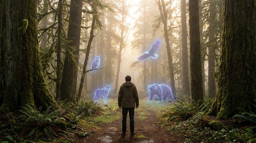 Un homme debout dans une forêt brumeuse face à des projections lumineuses d'un loup, un ours, un hibou et un aigle.