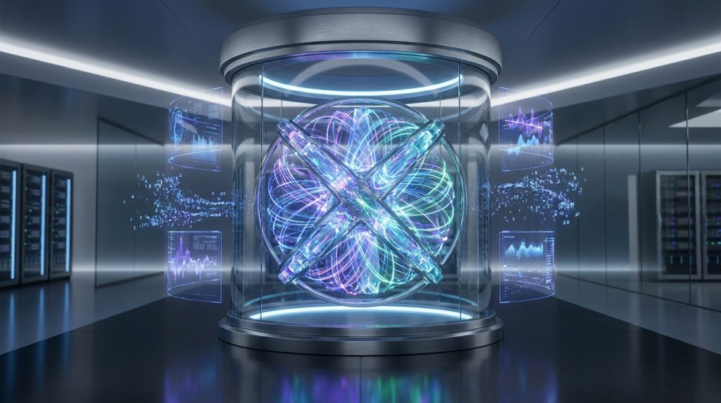 Un noyau d'énergie lumineuse et complexe dans un cylindre en verre au cœur d'un centre de serveurs informatique.