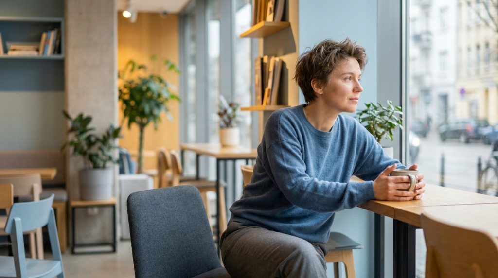 Une femme pensive tenant une tasse de café regarde par la fenêtre d'un café moderne et chaleureux.