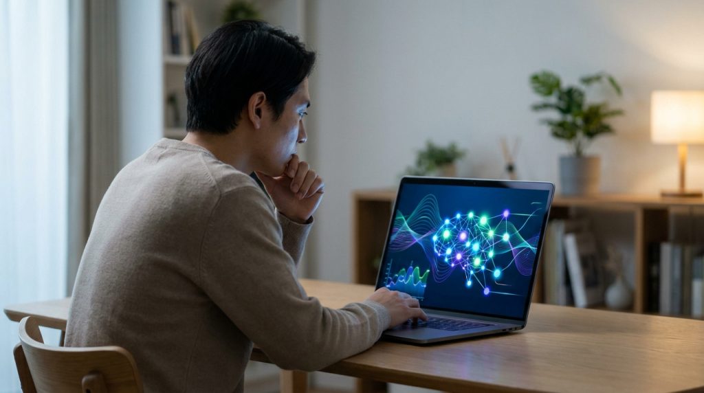 Un homme concentré utilise un ordinateur portable affichant des graphiques de réseau neuronal et une intelligence artificielle.