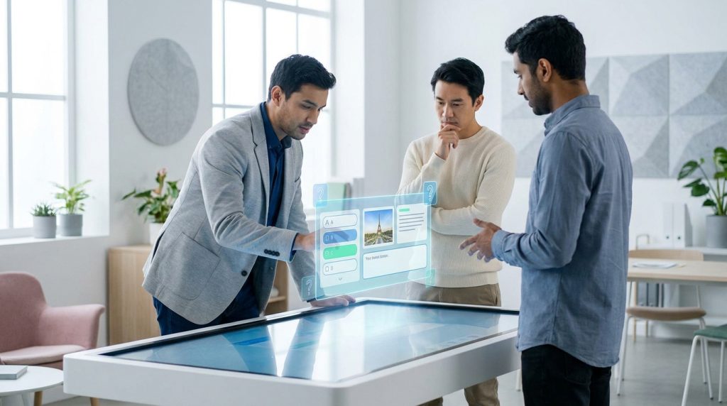 Trois hommes collaborent sur une interface numérique holographique pour concevoir un quiz interactif dans un bureau moderne.