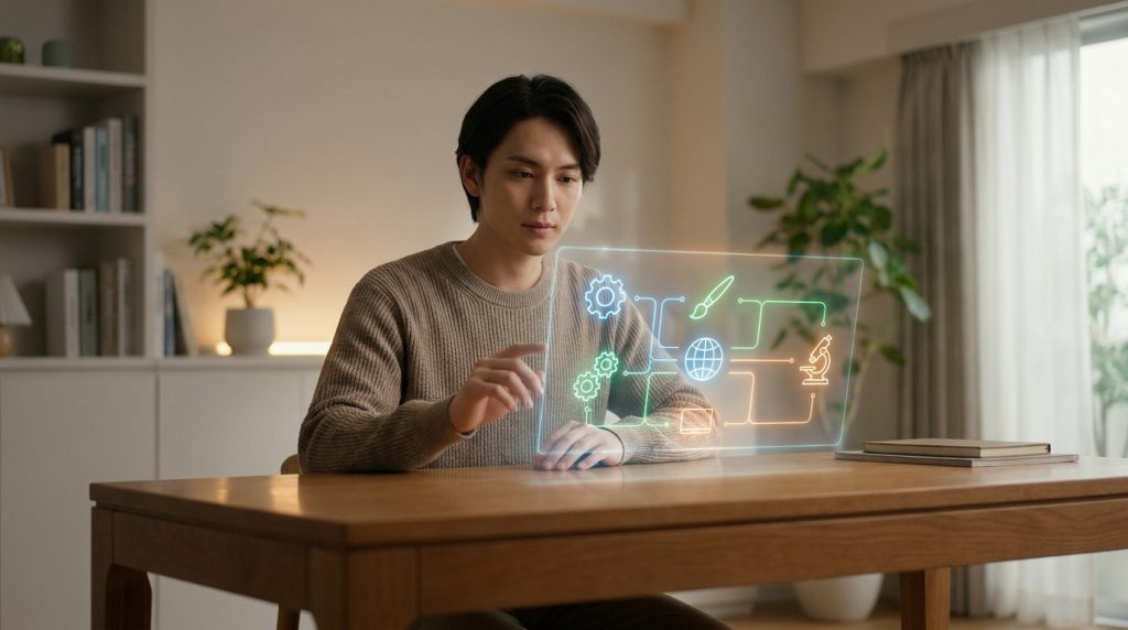 Un jeune homme interagit avec une interface numérique holographique représentant des domaines professionnels.
