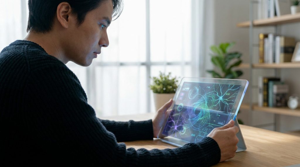 Un homme regarde attentivement une tablette affichant des graphiques neuronaux et des données numériques complexes.