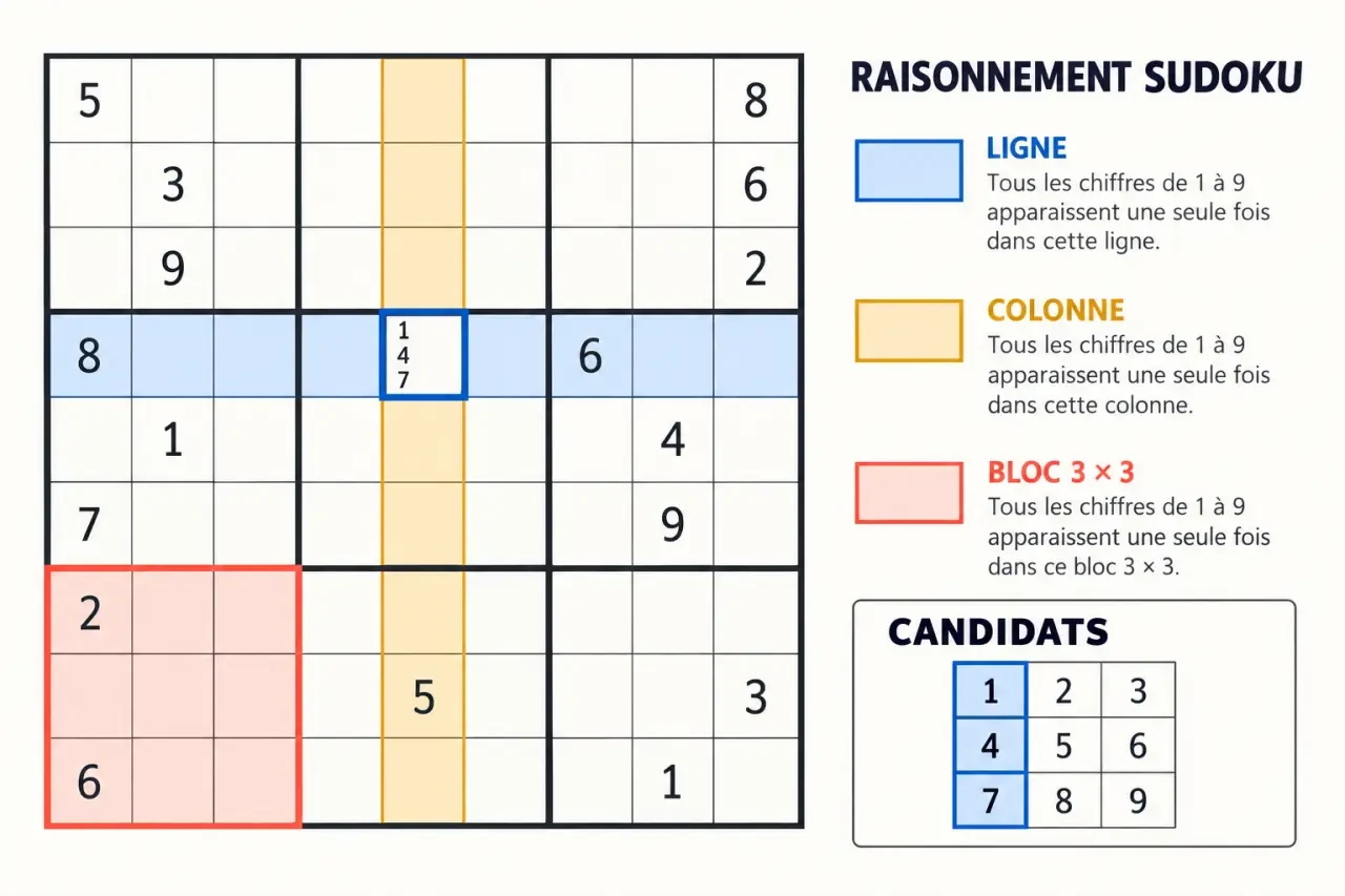 Grilles-sudoku.net énigme 100 de qi : contraintes entre ligne, colonne et bloc 3 × 3