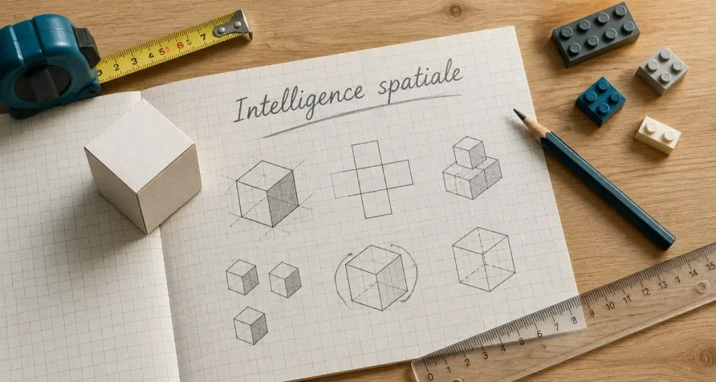 Intelligence spatiale : cube en papier et plan quadrillé sur bureau